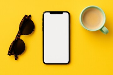 Modern Smartphone Mockup Yellow Background Sunglasses Coffee Flatlay Summer Vibes Trendy Design Mobile App Template Clean Minimalist Style Blank Screen Perfect for Branding Digital Marketing Website  