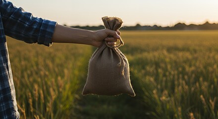 Holding Burlap Sack in Golden Field During Sunset Golden Hour