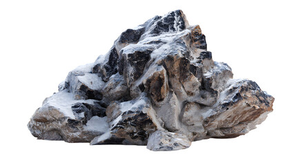 High-altitude mountain rock fragment with frost and snow residues, isolated on white background