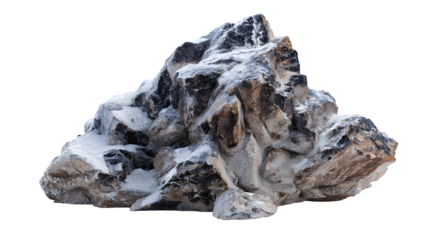 High-altitude mountain rock fragment with frost and snow residues, isolated on white background