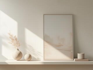 Minimalist background with a painting on a white table, a mockup template 