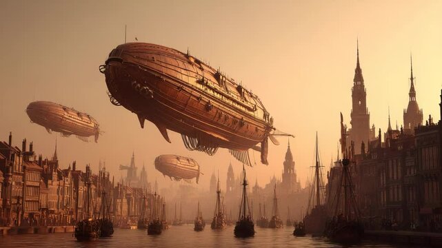 Vintage airships over city