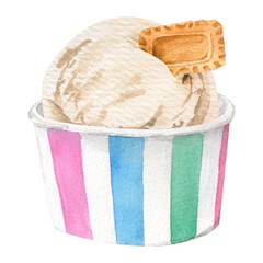 watercolor hand made iillustration wirh vanila scoop of ice cream and cookie in a coloful striped cup