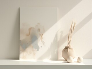 Minimalist background with a painting on a white table, a mockup template 