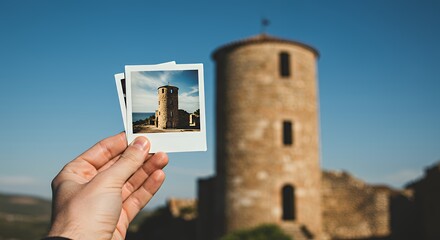 Holding Polaroid Photo of Stone Tower with Historical Building Background