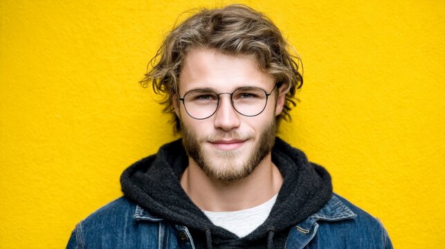 A young man with curly hair and glasses poses against a bright yellow background - Powered by Adobe
