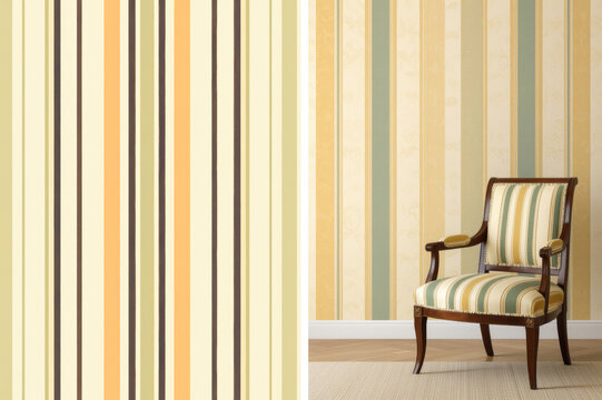 Biedermeier upholstery pattern with armchair and wallpaper background. Beige, light green, and white - set, illustration