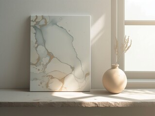 Minimalist background with a painting on a white table, a mockup template 
