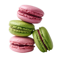 Colorful macaron stack featuring pink and green flavors, perfect for dessert presentations or bakery promotions.