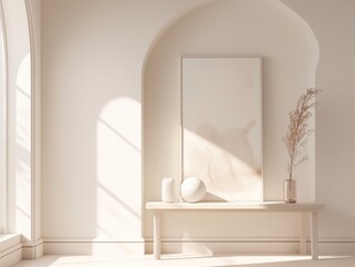 Minimalist background with a painting on a white table, a mockup template 