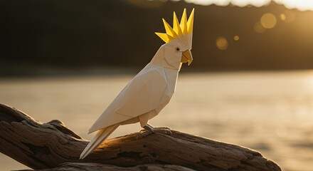 Origami Bird Sitting on Wood at Sunset Near Water