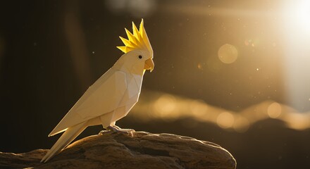 Origami Cockatoo Perched on Branch with Golden Sunlight Background