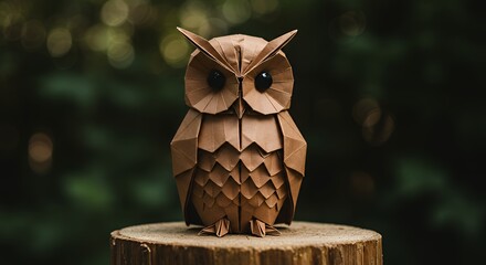 Origami Owl on a Log Sculpture with Geometric Brown Paper