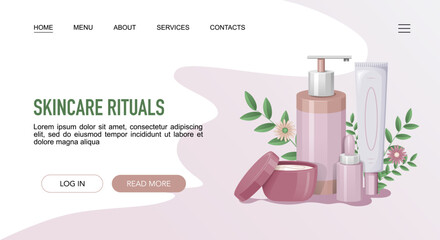Skincare Rituals landing web page template with cosmetic bottles on floral background