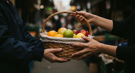 Passing Fresh Fruit Basket Between Two People at Outdoor Market