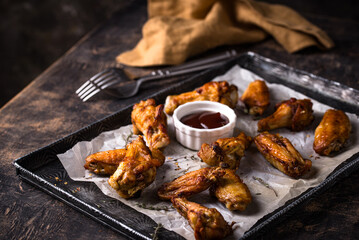 Baked roasted spicy chicken wings with sauce