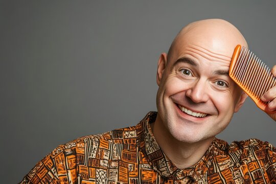 Funny Bald Man Smiling with Comb Hair Loss Concept
