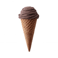 Delicious chocolate ice cream in a crispy cone, perfect for summer treats and desserts, isolated on a white background.
