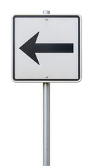 A clear, minimalist road sign featuring a bold black arrow pointing left against a white background, emphasizing directional guidance for drivers.