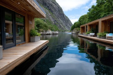 Fototapeta premium A picturesque view of wooden cabins nestled along a serene waterway, showcasing the harmony between architecture and nature in a peaceful and relaxing atmosphere.