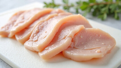 Fresh raw chicken breast slices neatly arranged on white cutting board.