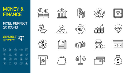 Money and Finance Icons - Line Series. Money and Finance line icons. Vector illustration eps 10. Pixel Perfect, Editable Stroke