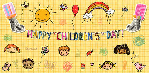 Cute Poster or Card with Bunting with Handwritten Happy Children's Day Text, Collage with Kids Stick Figure Faces and Childish Drawings