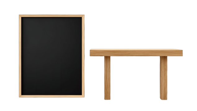 Simple wooden framed chalkboard and table