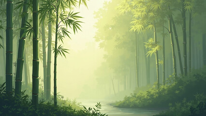 Obraz premium Peaceful bamboo forest with soft morning light and misty riverbank.