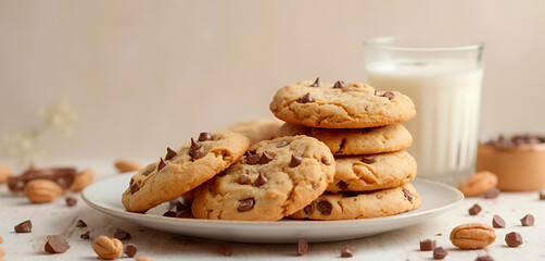 Desayuno con galleta con chocolate y vaso de leche