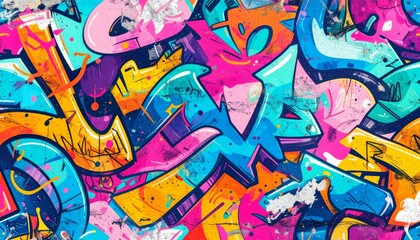 Obraz premium A vibrant, seamless pattern of colorful graffiti art layered on a weathered concrete wall, showcasing urban street art.