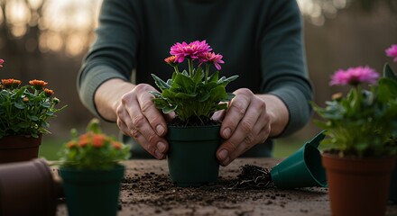 Planting Colorful Flowers in Pots Person Gardening Outdoors Home Gardening