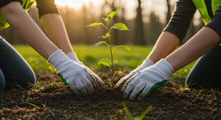 Planting Seedling Concept Two People Planting New Tree Together Outdoors