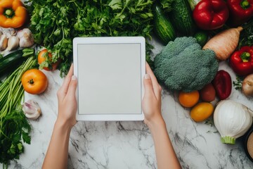 Woman searches vegan recipe on tablet in kitchen