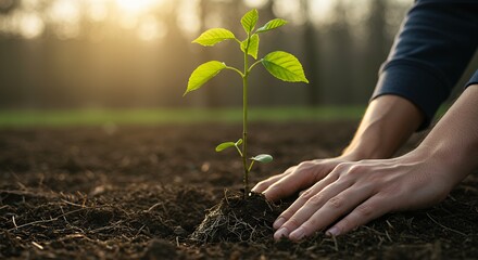 Planting Small Tree Seedling in Soil with Hands Nurturing New Growth