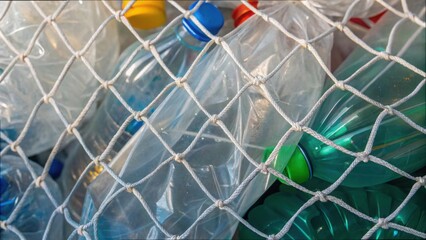Close-Up of Entangled Plastic Bottles in Netting for Recycling Efforts