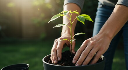 Planting Small Tree Sprout in Pot by Human Hands Outdoors