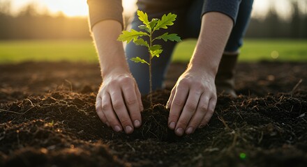 Planting Young Tree Sapling Into Soil with Hands at Sunset