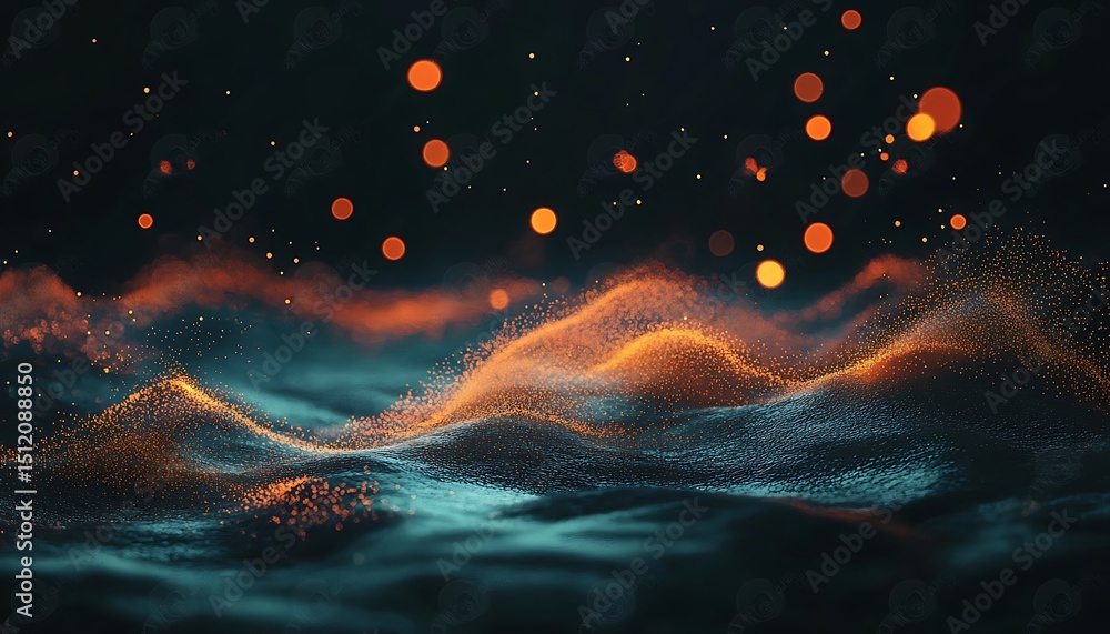 Poster the flow of luminous orange and teal waves of light and particles across a dark background. a dynami