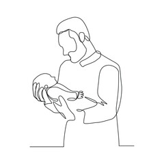 Continuous single line drawing of happy dad with baby kids newborn toddler. Vector illustration sketch editable stroke