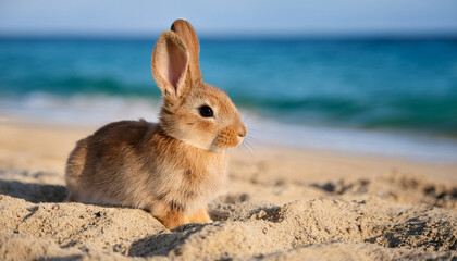 cute little bunny on the beach with ears up looking away