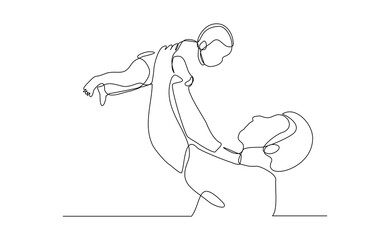 Continuous single line drawing of happy dad with baby kids newborn toddler. Vector illustration sketch editable stroke