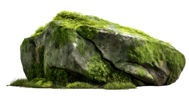 Large moss-covered boulder with soft green patches, surface erosion and cracks, isolated on white background