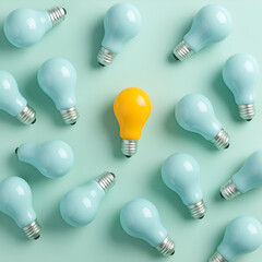 Minimal idea of yellow light bulb surrounded with blue bulbs on pastel background. 3d rendering. Idea creative Concept. Copy space.