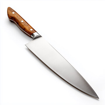 A chef's knife with a polished blade and wooden handle