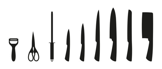 Silhouette set of kitchen tools and knives including peeler, scissors, sharpener, chef's knife, bread knife, and cleaver, isolated on white background.
