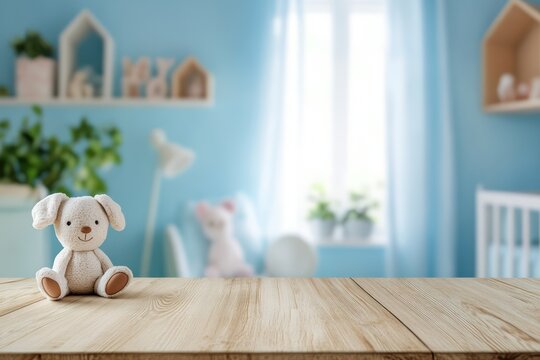 Wooden tabletop mockup with baby room background