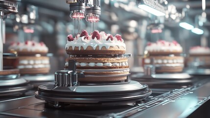 Automated Cake Production Line: Futuristic Bakery Technology Assembling Delicious Raspberry Cakes