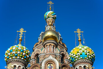 Domes of the Cathedral of the Spas-on-Blood (Resurrection of Christ) close-up. Saint Petersburg