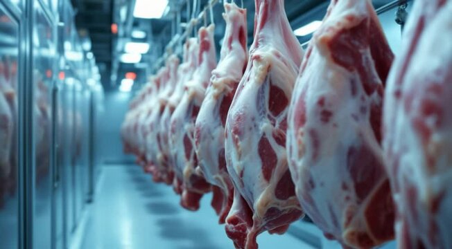 Meat processing plant hanging lamb cuts